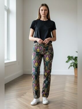 Jean Paul Gaultier Crowned Skull and Eagle Print Jeans Multicolor Sz 36 Fr